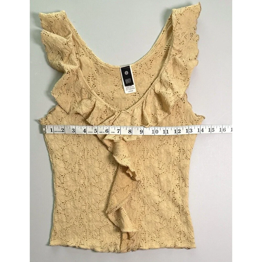 Vintage Y2K Identity Eyelet Lace Ruffle Front Tank Sz L Sleeveless Stretch 90s